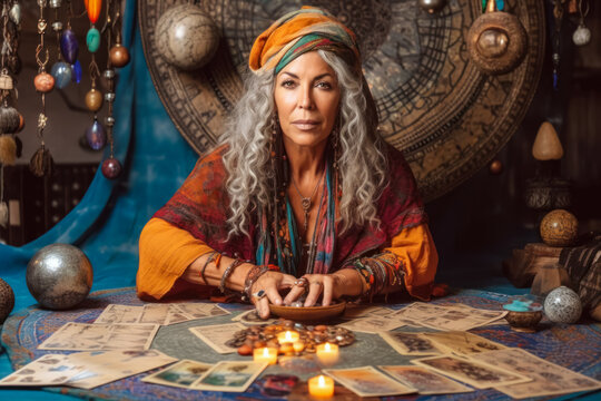 Gypsy woman fortune teller working with tarot cards, predicting future, looking directly into camera, esoteric mysticism decorations in background. Generative AI