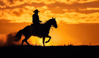 Obraz na płótnie Canvas Cowboy riding a horse into sunset, only silhouette visible against orange sky. Banner, copy space for text right side. Generative AI