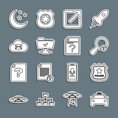 Set line Taxi car, Police badge, Unknown search, Open in new window, FTP operation successful, Cloud mail server, Moon and stars and document icon. Vector