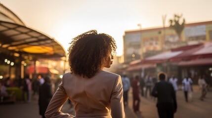 Africa business woman. backside of business woman with bokeh light. business district background. generative ai. 