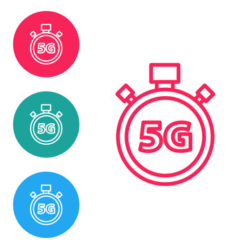 Red line Digital speed meter concept with 5G icon isolated on white background. Global network high speed connection data rate technology. Set icons in circle buttons. Vector