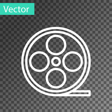 White line Film reel icon isolated on transparent background. Vector