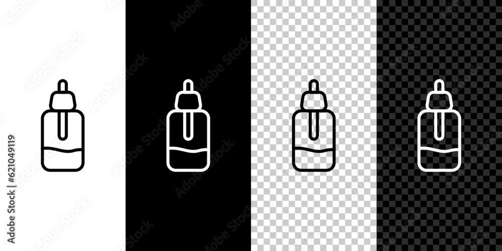 Sticker Set line Essential oil bottle icon isolated on black and white,transparent background. Organic aromatherapy essence. Skin care serum glass drop package. Vector