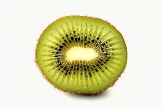 A slice of a ripe, vibrant, and delicious flying kiwi fruit is shown alone on a white backdrop.