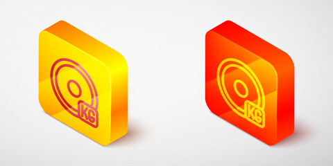 Isometric line Weight plate icon isolated on grey background. Equipment for bodybuilding sport, workout exercise and fitness. Yellow and orange square button. Vector