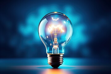 Electric light bulb incandescent on a blue background. The concept of saving electricity. Brainstorming concept. AI generation