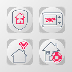 Set line Smart home, with wi-fi, Thermostat and House icon. Vector