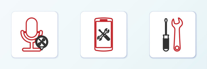 Set line Screwdriver and wrench, Microphone service and Smartphone icon. Vector