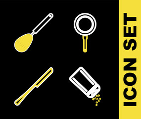 Set line Frying pan, Salt and pepper, Knife and Kitchen whisk icon. Vector
