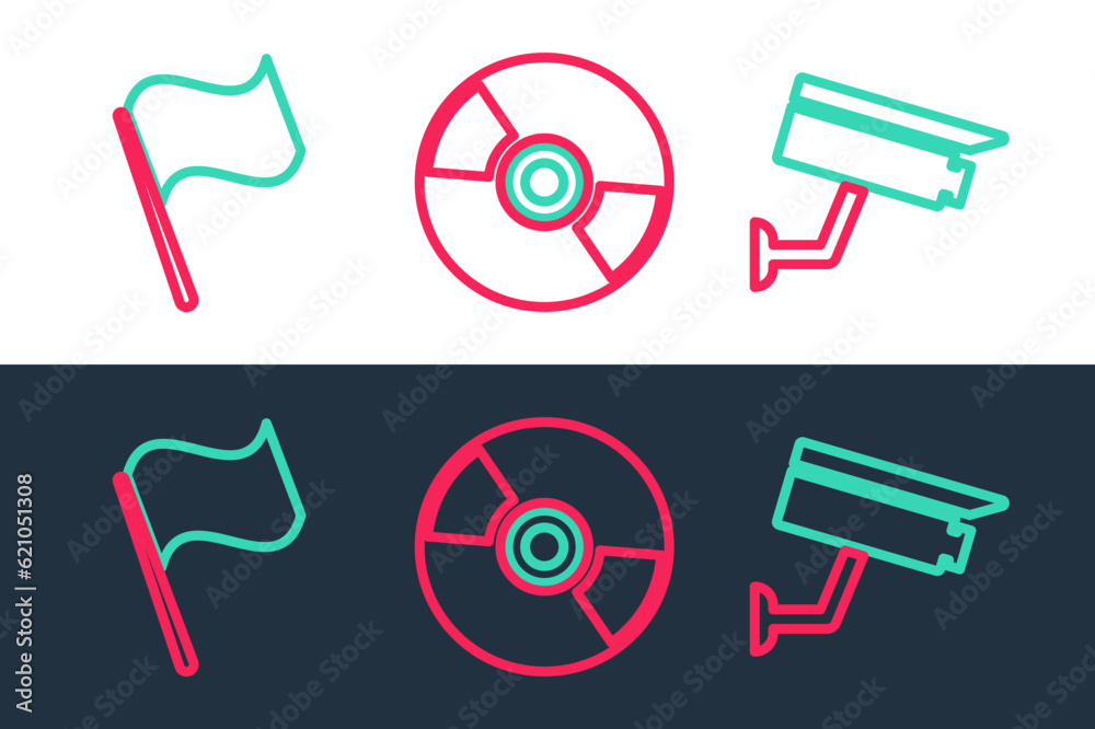 Sticker set line security camera, flag and cd or dvd disk icon. vector