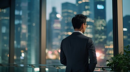 .Asain man .backside of business man with bokeh light. business district background.