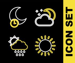 Set line Cloud with moon and stars, Sun, rain sun and Sleeping icon. Vector