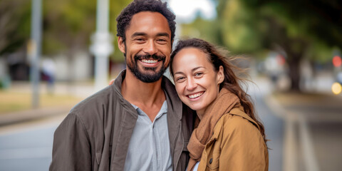 Husband and wife smiling in front of the camera on a quiet street.