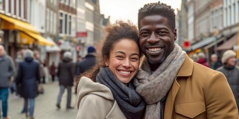 Obraz premium Happy tourist couple posing on a pedestrainised shopping street in Europe.