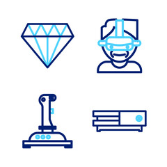 Set line Video game console, Joystick for arcade machine, Virtual reality glasses and Diamond icon. Vector
