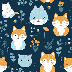 Seamless pattern with cute cats blue background. 