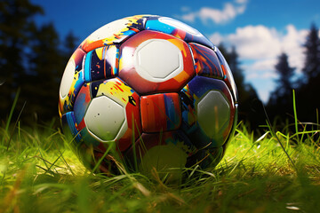 A vibrant soccer ball lying on the floor
