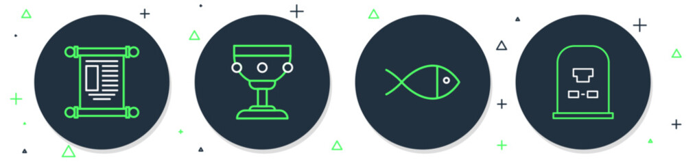 Set line Christian chalice, fish, Decree, paper, parchment, scroll and Tombstone with RIP written icon. Vector