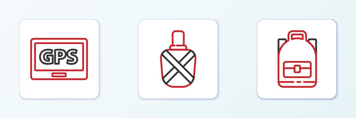 Set line Hiking backpack, Gps device with map and Canteen water bottle icon. Vector