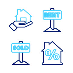 Set line House with percant discount, Hanging sign text Sold, Rent and Realtor icon. Vector