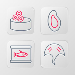 Set line Stingray, Canned fish, Mussel and Tin can with caviar icon. Vector