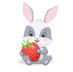 Adorable cartoon rabbit with strawberry.Isolated illustration on white background.Vector illustration - 621052958
