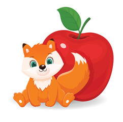 Adorable cartoon fox with apple.Isolated illustration on white background.Vector illustration - 621052961