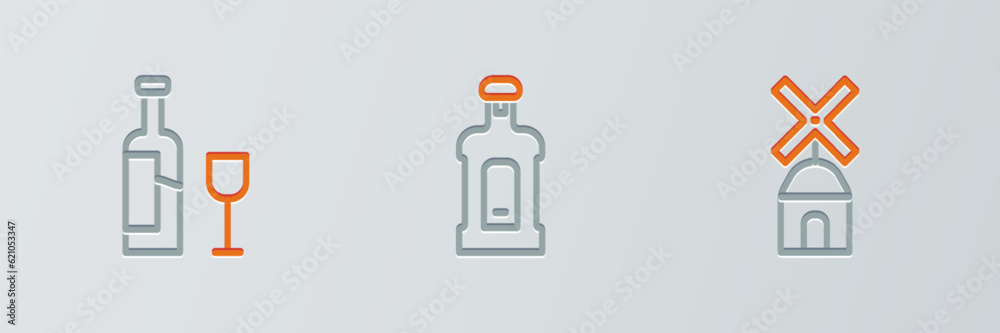 Poster set line windmill, wine bottle with glass and orujo icon. vector