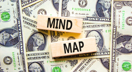 Mind map symbol. Concept words Mind map on wooden blocks on a beautiful background from dollar bills. Dollar bills. Business, support, motivation, psychological and mind map concept. Copy space.