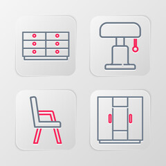 Set line Wardrobe, Armchair, Table lamp and Chest of drawers icon. Vector