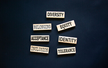 Diversity, inclusion symbol. Diversity belonging inclusion equity identity tolerance acceptance words on blocks. Beautiful black table black background. Diversity inclusion belonging concept.