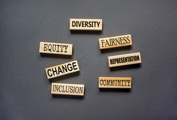 Diversity inclusion symbol. Concept words Community Diversity Equity Fairness Inclusion Representation Change on wooden block. Beautiful grey background. Diversity equity inclusion concept.