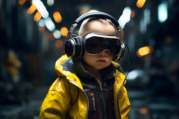 portrait of a cyberpunk baby wearing goggles and futuristic outfit