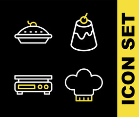 Set line Pudding custard, Chef hat, Electronic scales and Homemade pie icon. Vector