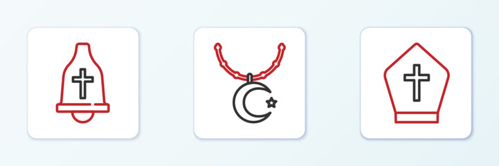 Set line Pope hat, Church bell and Star and crescent on chain icon. Vector