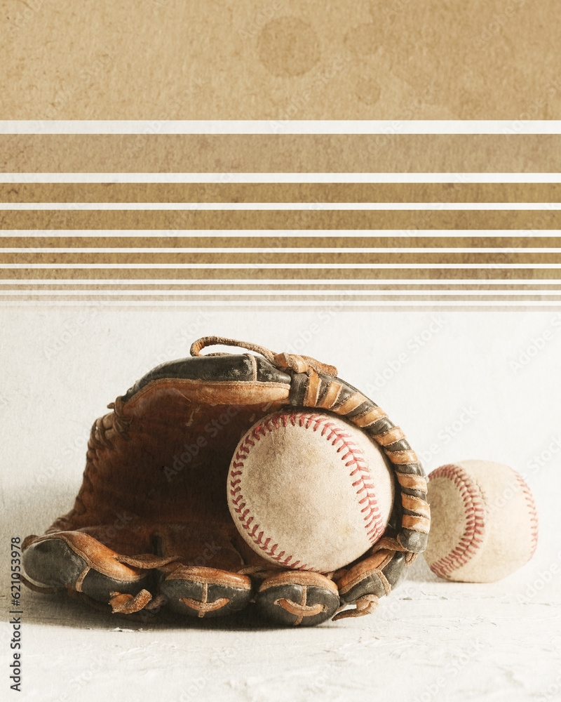 Sticker modern tan stripes on baseball background with old used game balls and glove in vintage texture vert - Stickers
