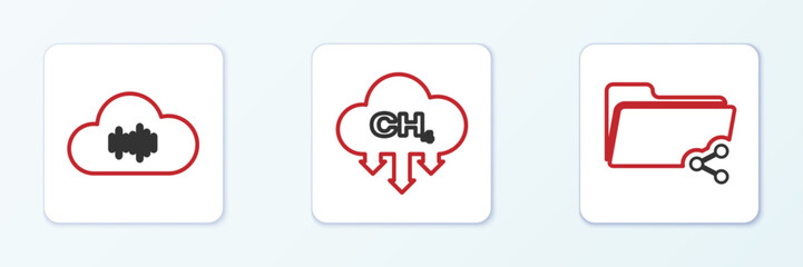 Set line Share folder, Music streaming service and Methane emissions reduction icon. Vector