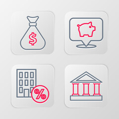 Set line Bank building, House with percant discount, Piggy bank and Money bag icon. Vector