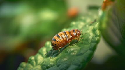 On a potato leaf, Colorado potato bug larvae faded away. Up close. An illustration of how to protect agricultural plants from pests. farming and gardening. Macro