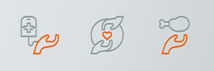 Set line Donation food, Blood donation and Pleasant relationship icon. Vector