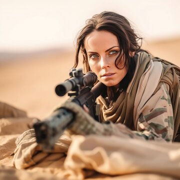 Girl in tactical clothes with a gun. Military woman. Black T-shirt