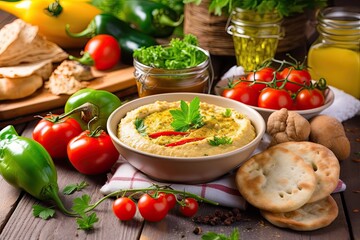 delicious hummus, pita bread, and fresh vegetables on table, created with generative ai