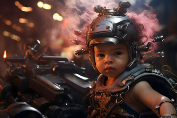 Fototapeta na wymiar portrait of a cyberpunk baby wearing futuristic armour