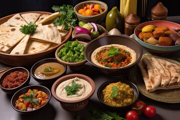 a spread of different arabic dishes, including hummus, baba ghanoush and falafel, created with generative ai
