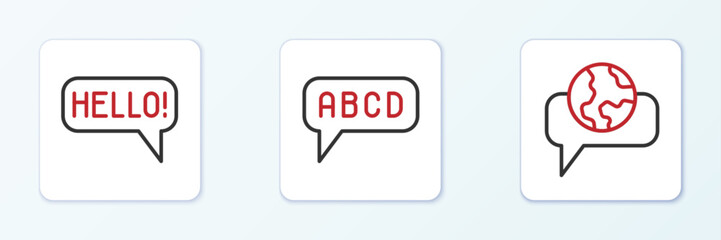 Set line Learning foreign languages, Hello different and Alphabet icon. Vector