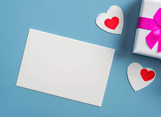 Empty White Gift Card for Congratulation, Love Hearts Stickers, White Gift Box with Pink Ribbon, Blue Table, a template for designer, using Generative Ai technologie