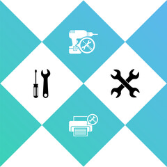 Set Screwdriver and wrench, Printer service, Drill machine and Crossed wrenchs icon. Vector