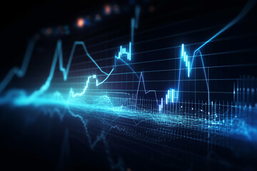 Financial graphs with glowing lines. Diagram on digital screen. Trading market and economic concept. Generative AI.