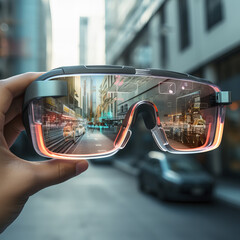 Person holding augmented reality glasses in a city street, Concept of augmented reality technology being used in futuristic smart tech glasses, Generative AI