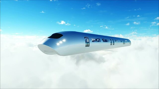 Flying passenger train in clouds. 3d peoples and robots. Utopia. concept of the future. Aerial fantastic view. Realistic 4k animation.